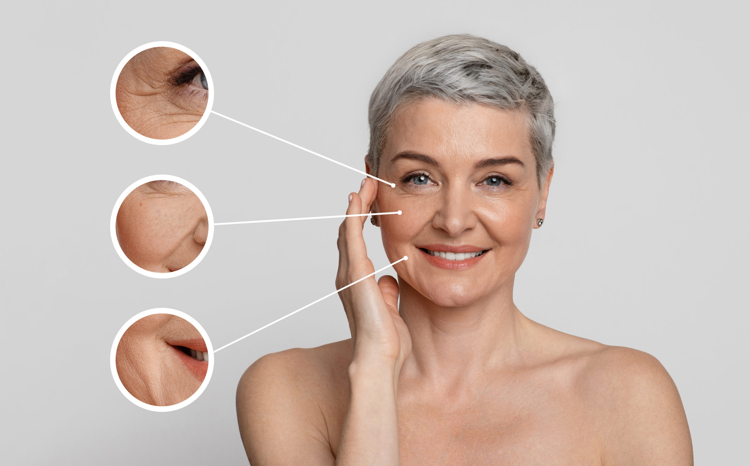 How faces age, collage of zoomed wrinkle zones and volume loss.